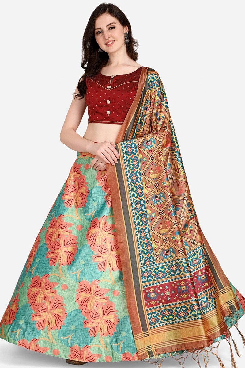 Seafoam Green Silk Digital print A-Line Style Lehenga