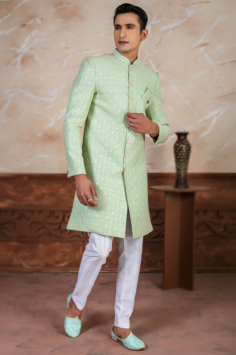 Seafoam Green Silk Embroidered Men s Sherwani For Mehndi MSTV03820