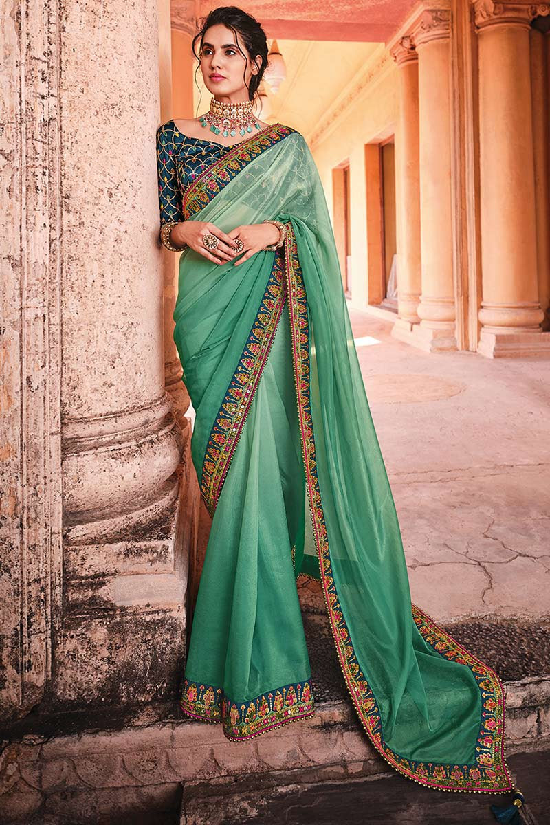 Sea Green Color Pure Silk Saree For Wedding