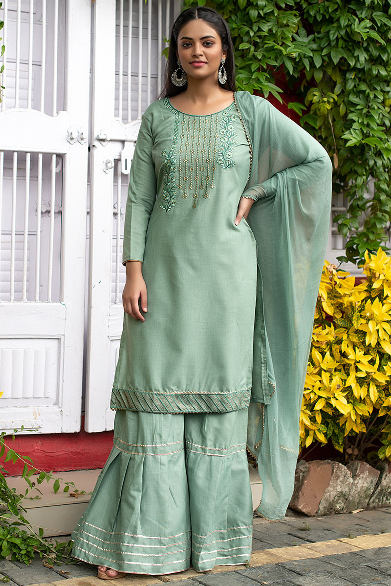 Olive Georgette Embroidered Sharara Suit Set with Faux Mirror Work at Soch