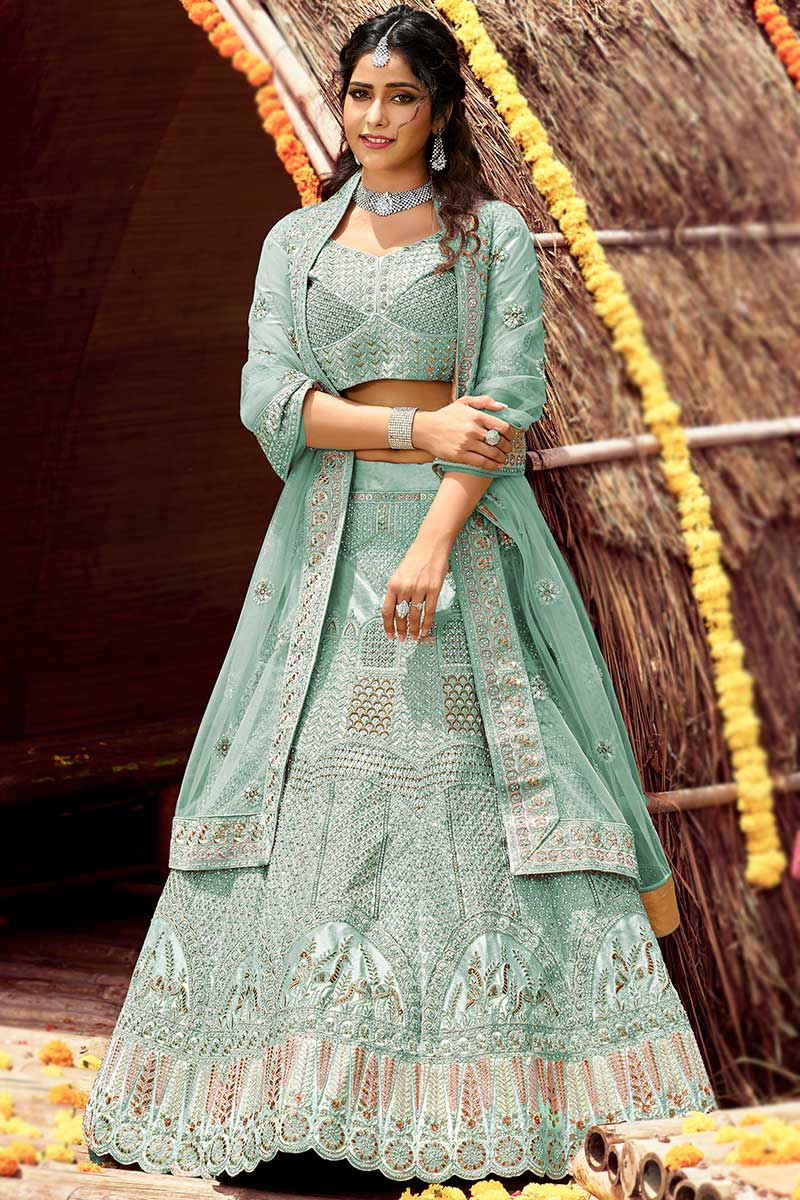 Seafoam Green Velvet A-Line Embroidered Lehenga