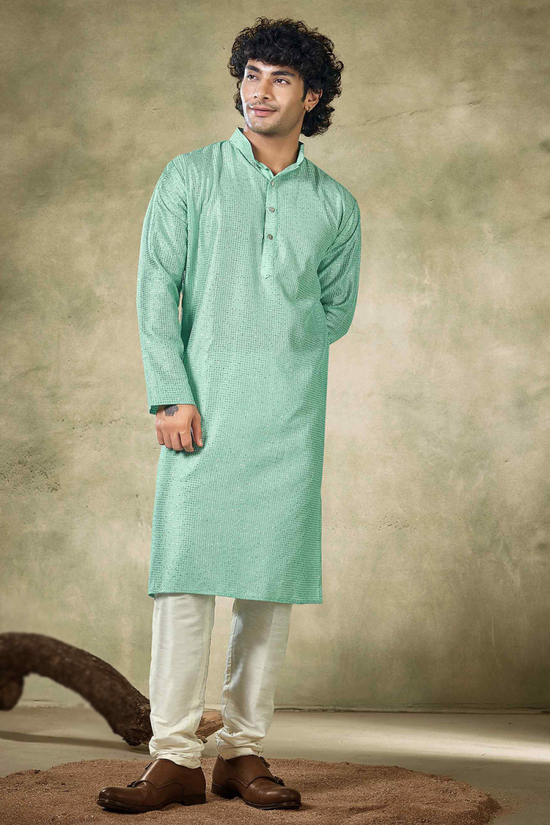 Seafoam Green Viscose Embroidered Straight Cut Men's Kurta Pajama 