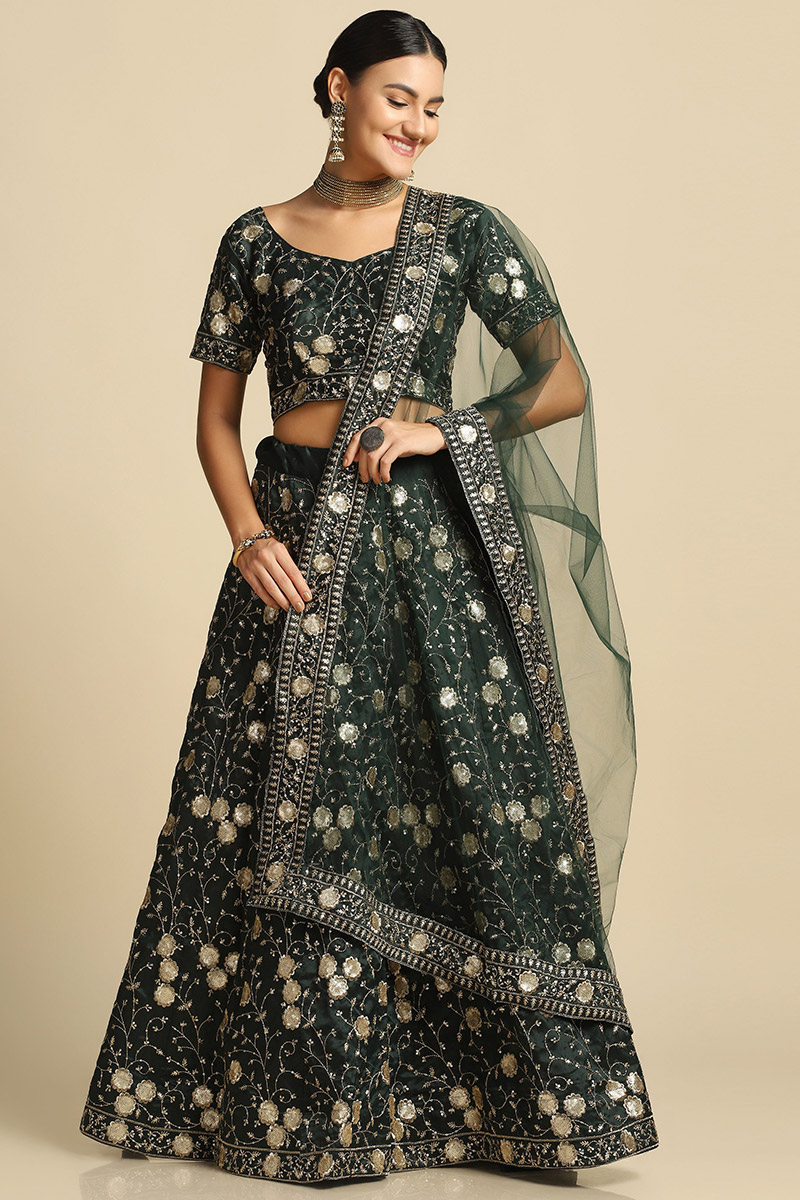Sequins Embroidered Art Silk Lehenga In Dark Green 