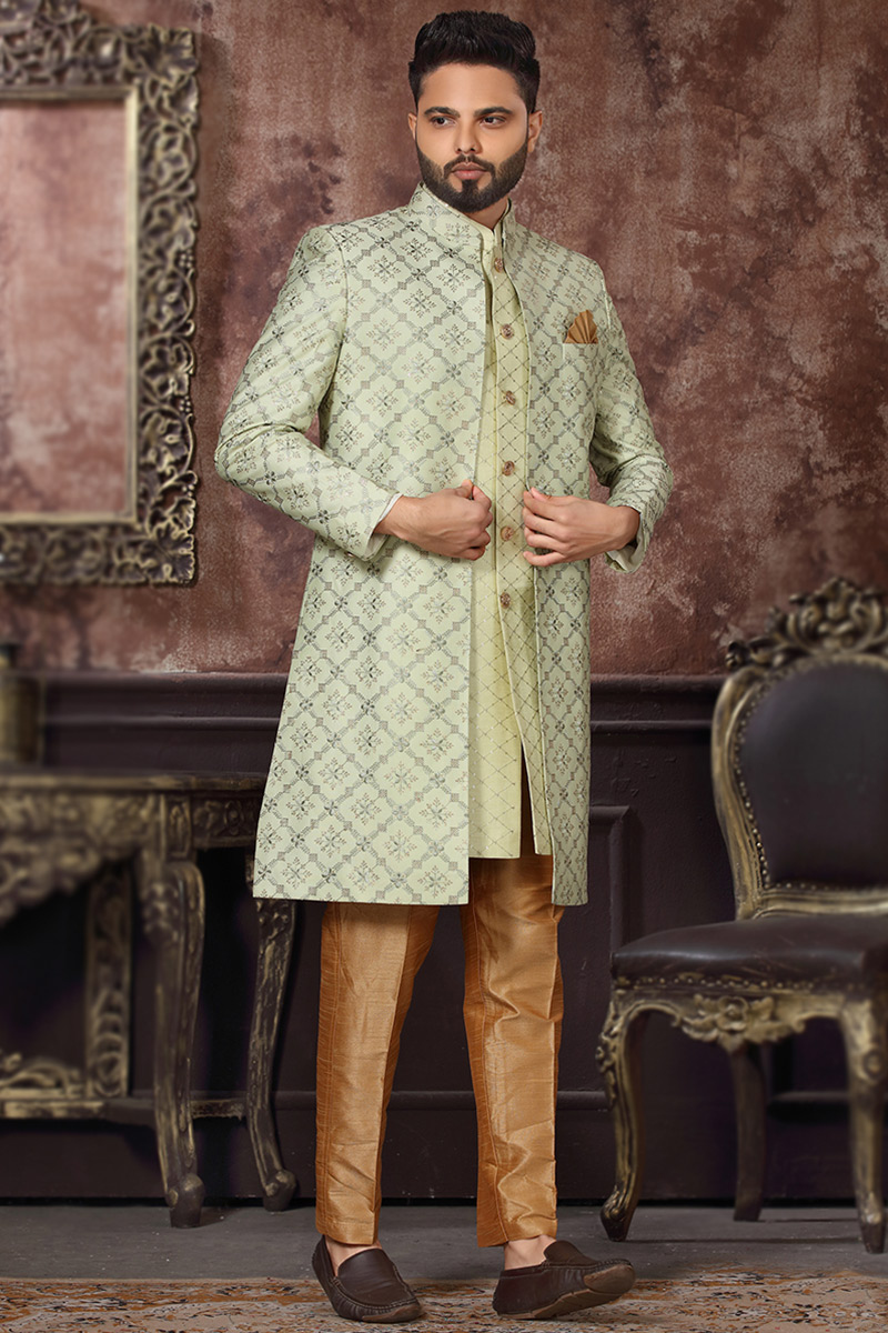 Sequins Embroidered Art Silk Pistachio Green Men's Sherwani