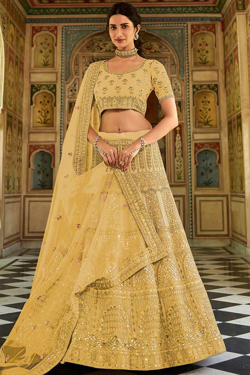 Sequins Embroidered Art Silk Trombone Yellow Lehenga