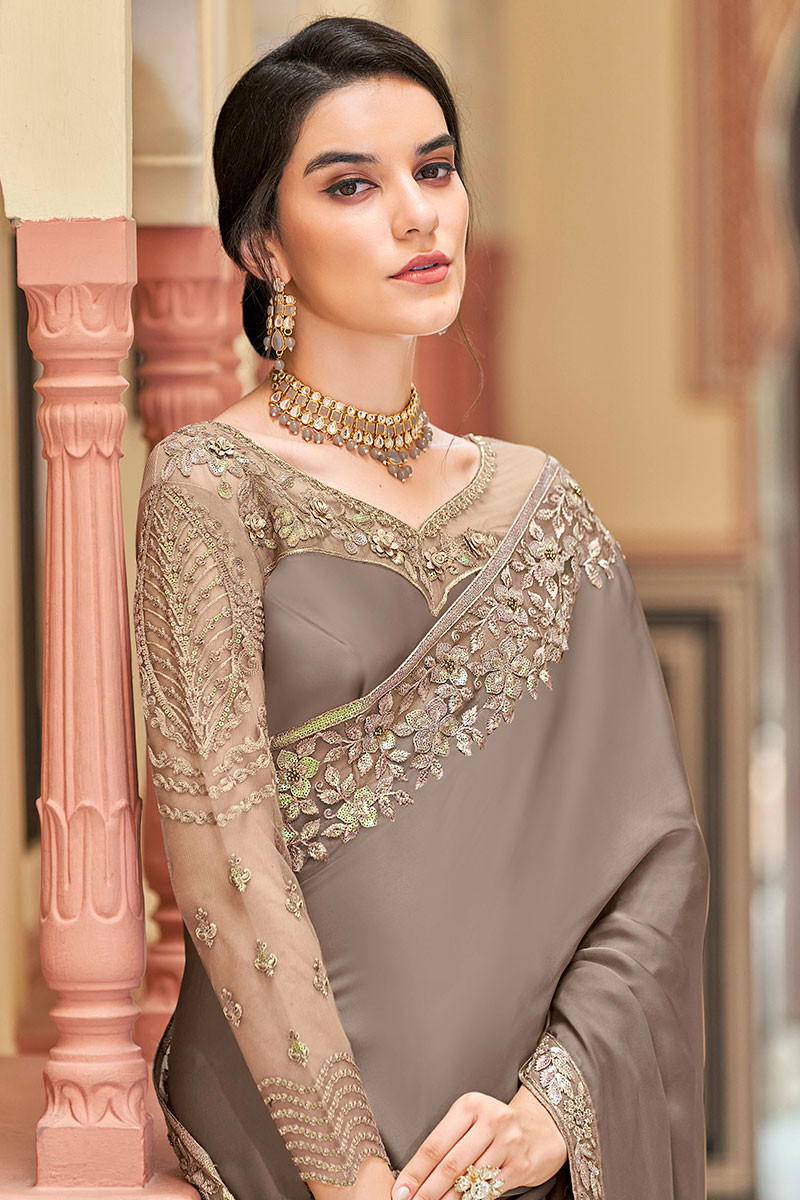 Beige glass silk plain saree with heavy embroidred & sequince blouse, lace  border saree with blouse