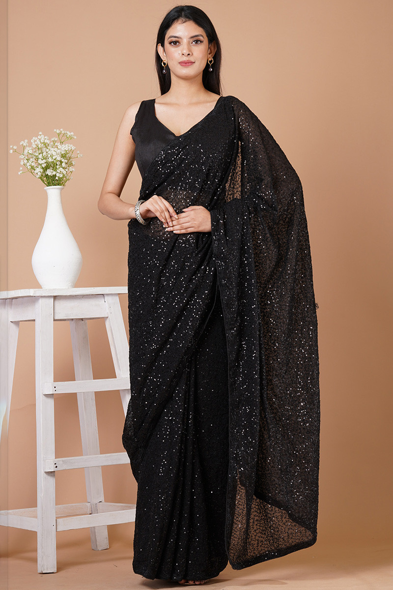Sequins Embroidered Georgette Black Fancy Saree