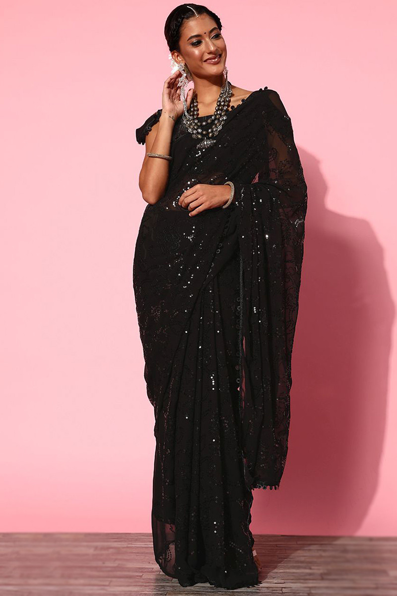 Magnificent Black Colour Embroidary And Sequence Worked Saree With Jal –  Shine Fashion