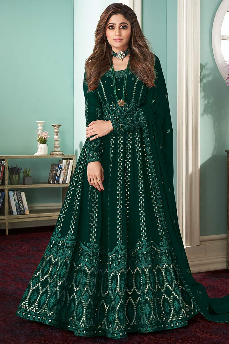 Dark Green Silk Embroidered Eid Special Anarkali Suit - Hijab Online