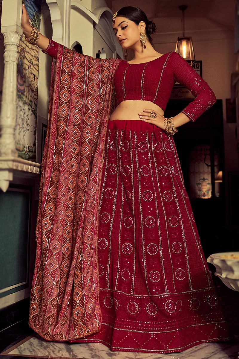 Sequins Embroidered Georgette Burgundy Maroon Lehenga