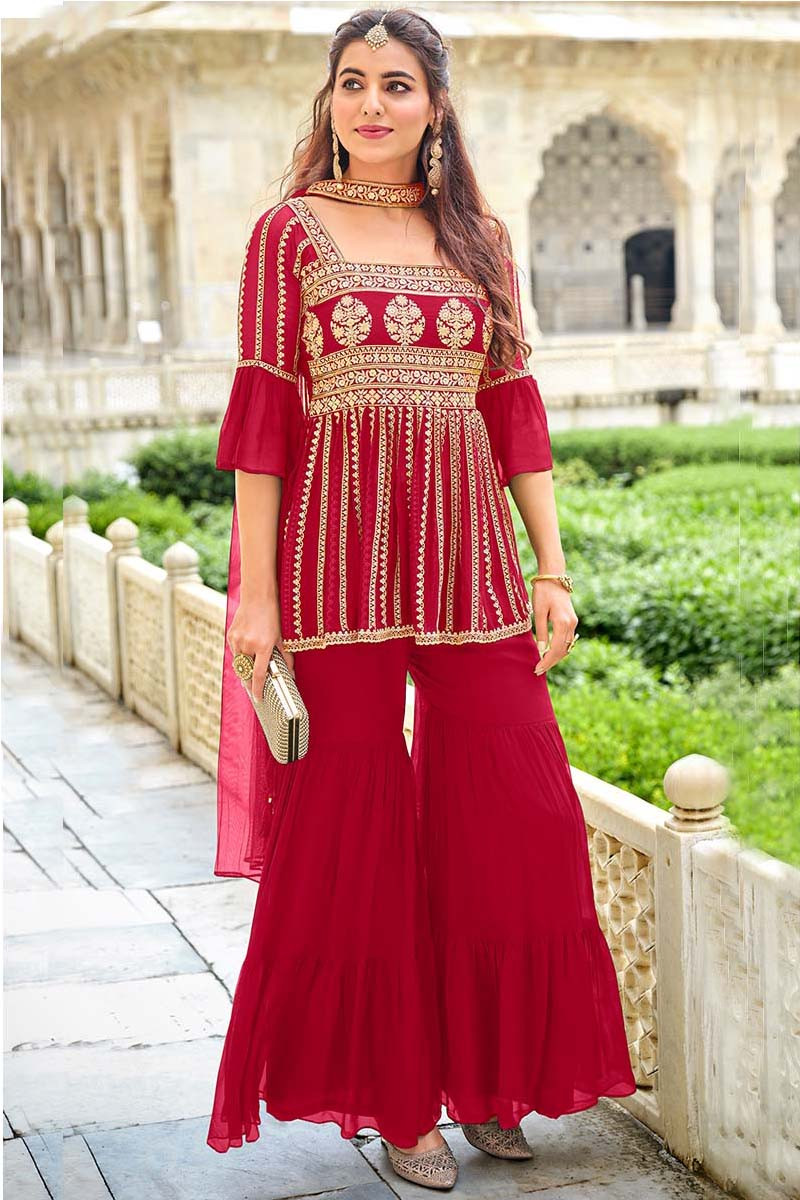 Buy Women Red Georgette Sharara Gharara Set, Charming Indian Nikkah Dress  for Wedding , Traditional , Party Wear, Ethnic 3 Pcs Set Readymade USA  Online in India - Etsy