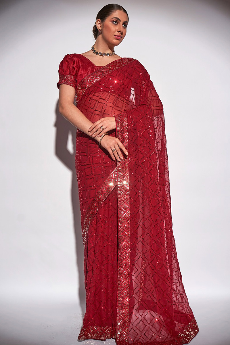 Sequins Embroidered Georgette Cherry Red Sangeet Saree