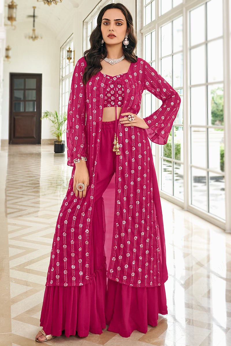 Buy Women Pastel Pink Sharara With Printed Short Kurta And Dupatta (Set Of  3) - Best Picks 2023 - Indya