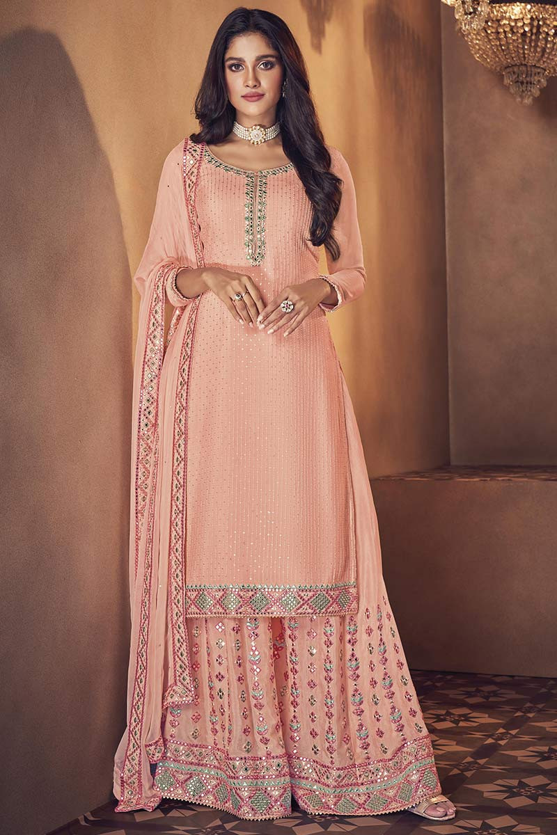 Party Wear Sharara Suit For Women With Embroidery Work