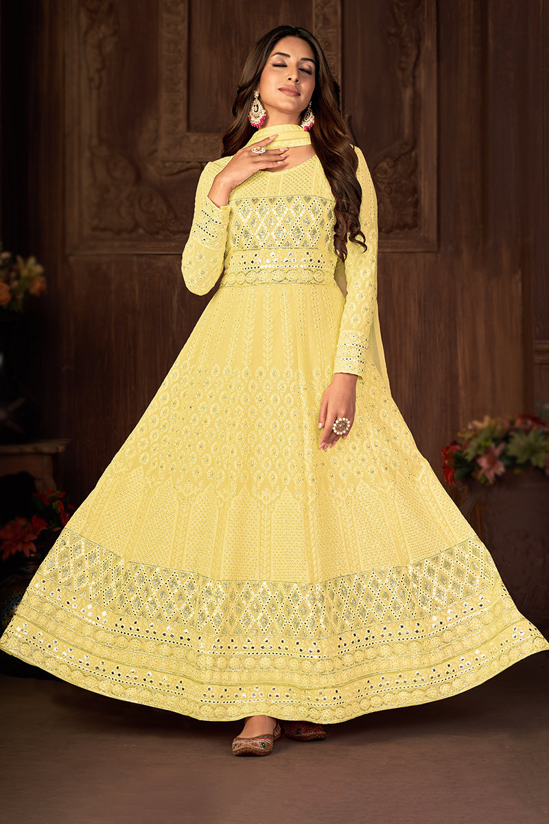 Sequins Embroidered Georgette Light Yellow Anarkali Suit