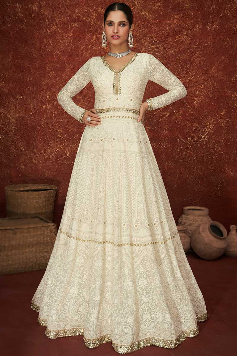 Sequins Embroidered Georgette Cream Anarkali Suit