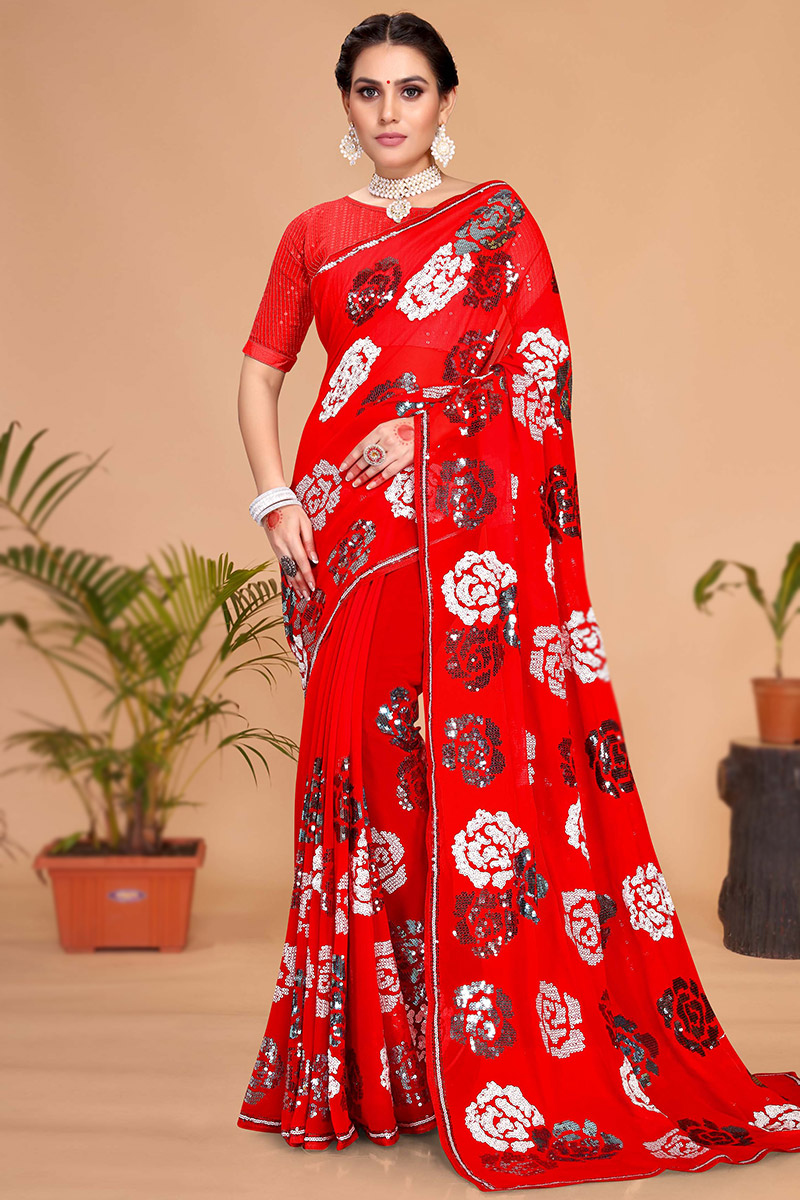 Georgette Saree with Sequins Embroidery in Red for Party 