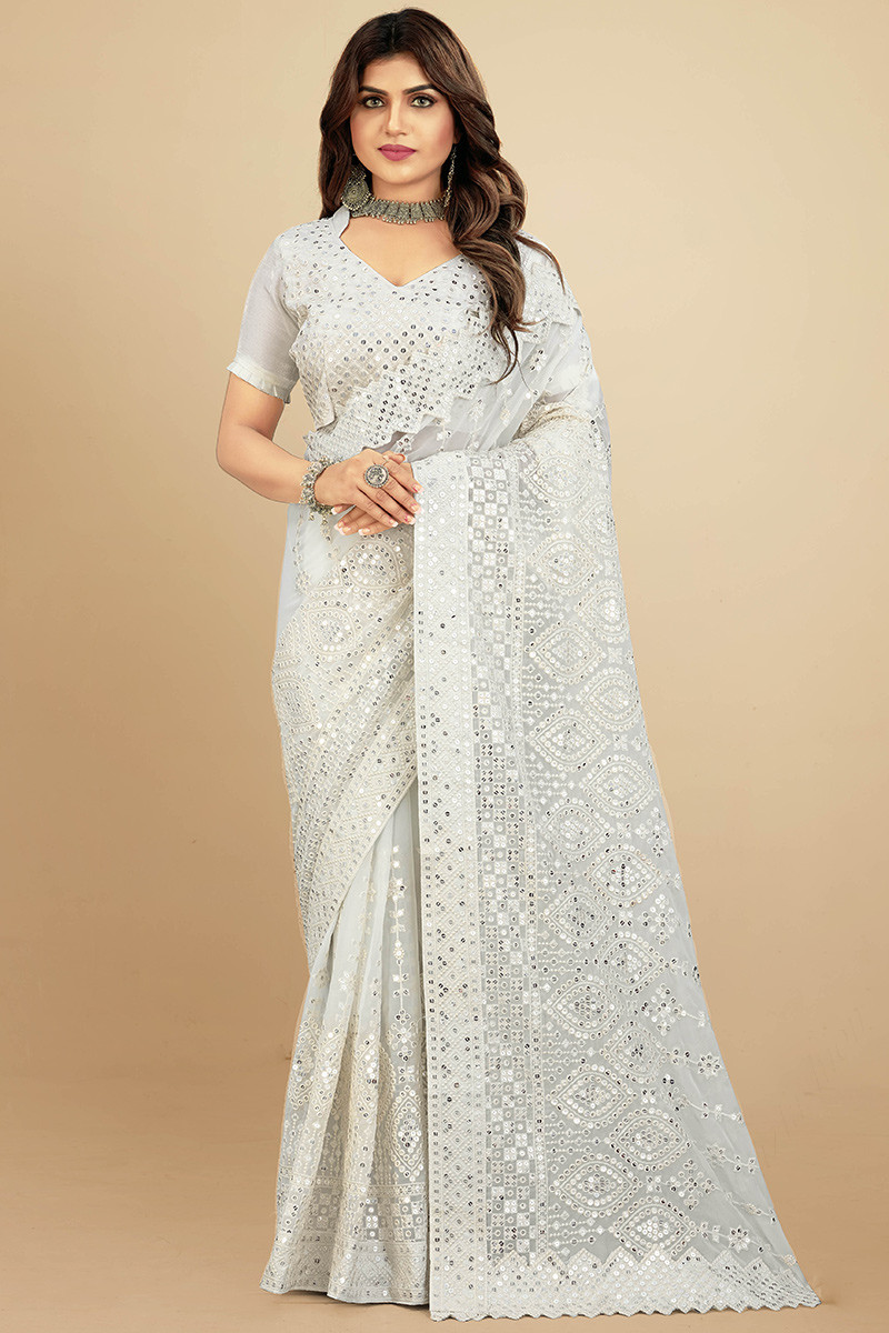 Fully Lined Sequins Embroidered Georgette White Saree|SARV152806