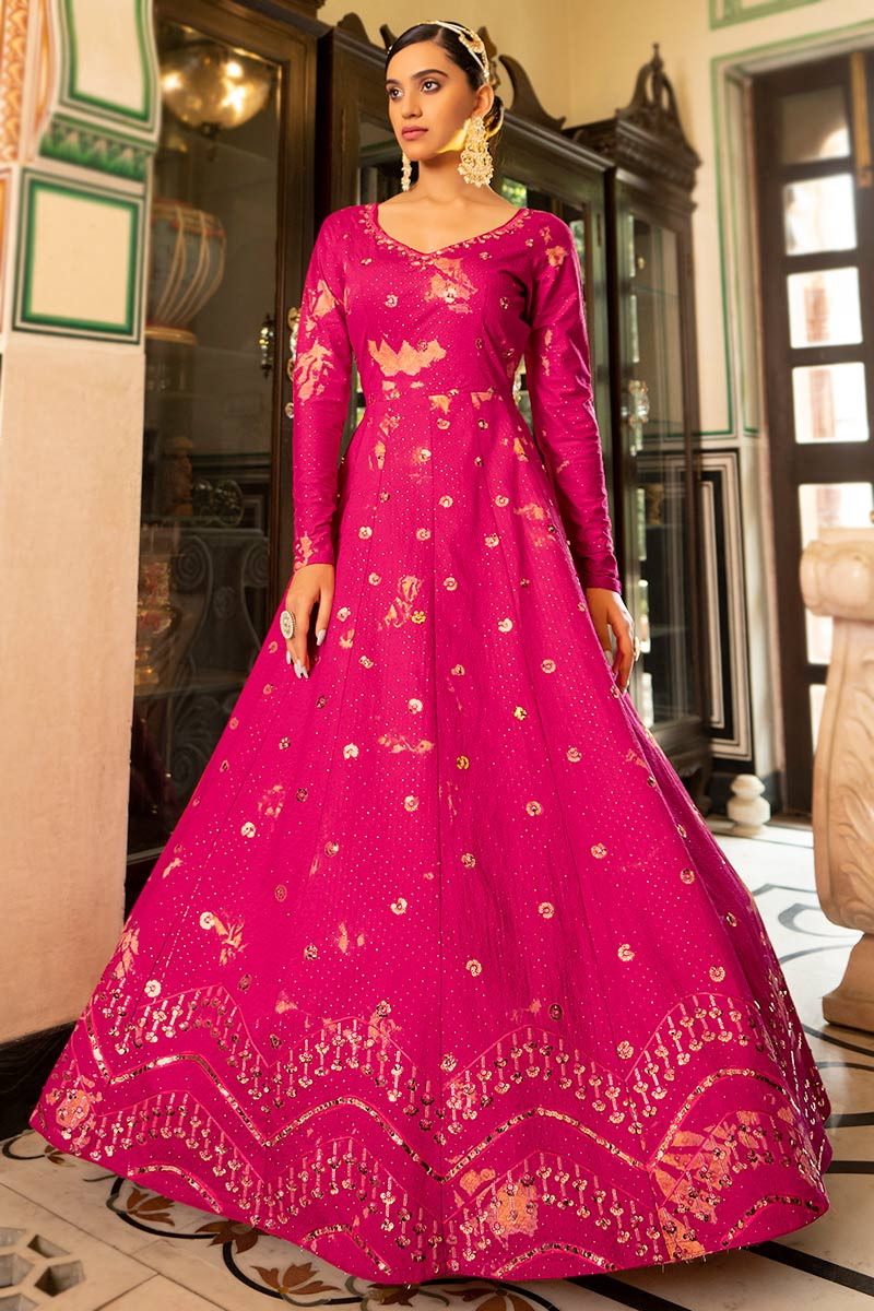 Sequins Embroidered Jacquard Hot Pink Gown