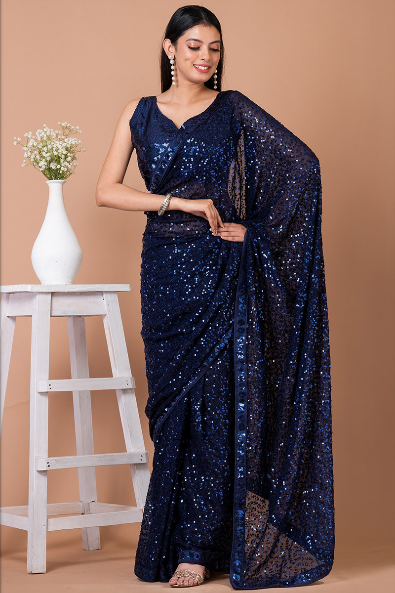 Faux Chiffon Navy Blue Border Classic Designer Saree : 63166 -