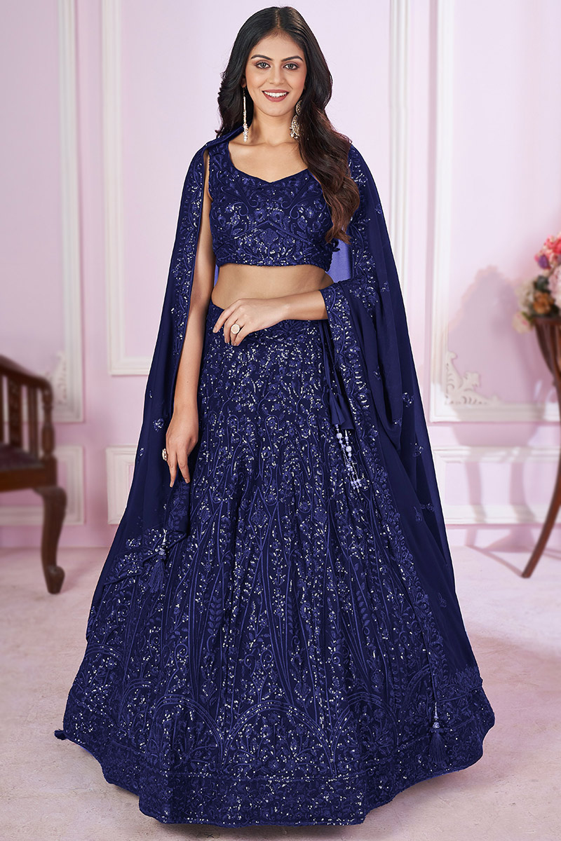 Sequins Embroidered Navy Blue Georgette Panelled Style Lehenga