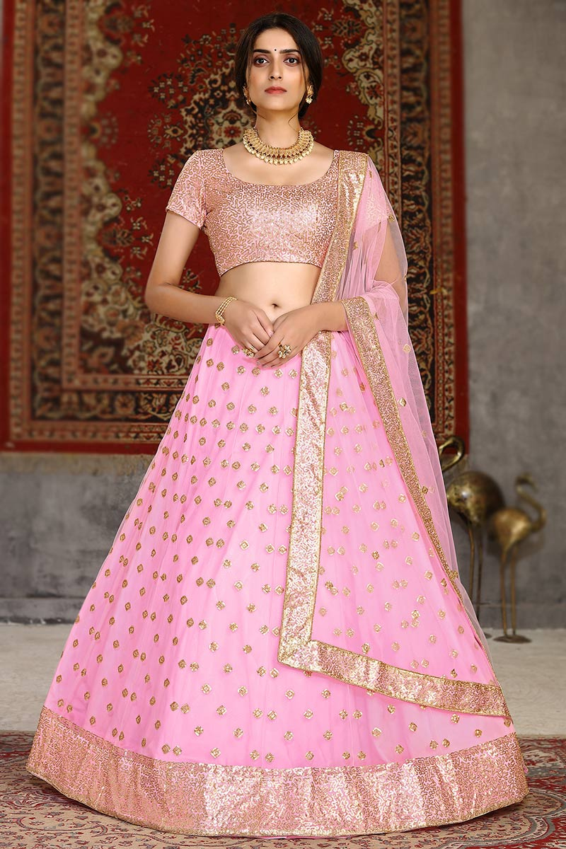 Sequins Embroidered Net Carnation Pink Lehenga