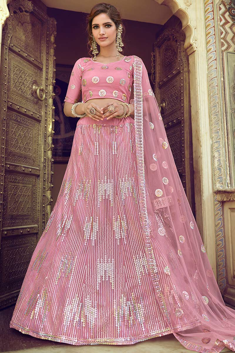 Sequins Embroidered Net Carnation Pink Party Wear Lehenga