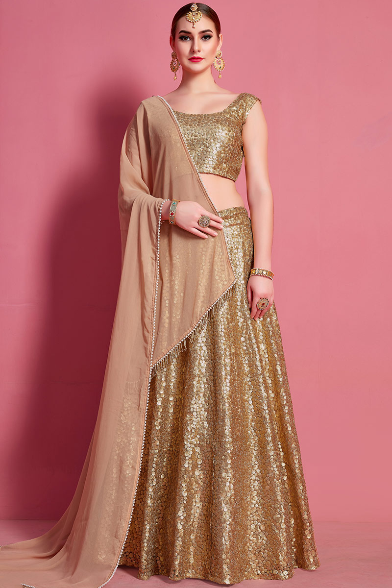 Net Lehenga in Dark Beige colour with Sequins Work for Party 