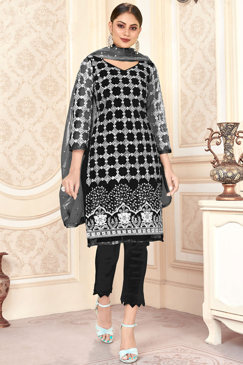 Sequins Embroidered Net Dark Black Trouser Suit