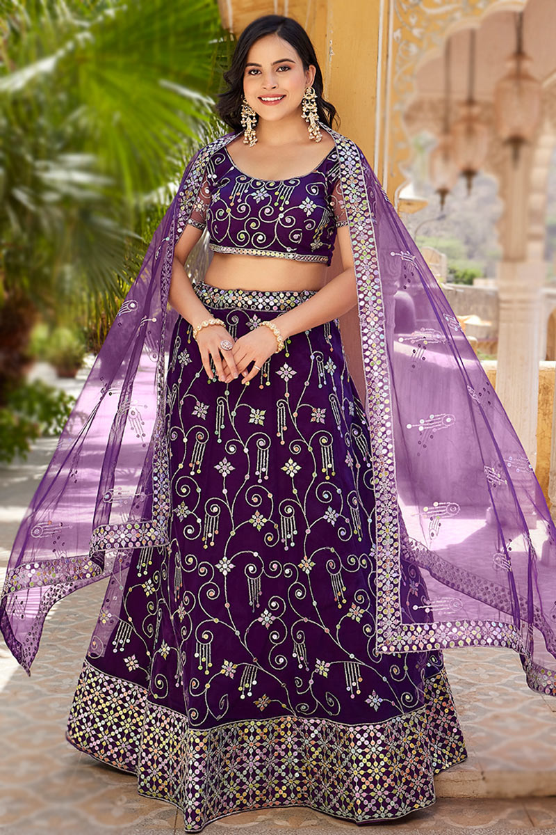Sequins Embroidered Net Dark Purple Flared Style Lehenga