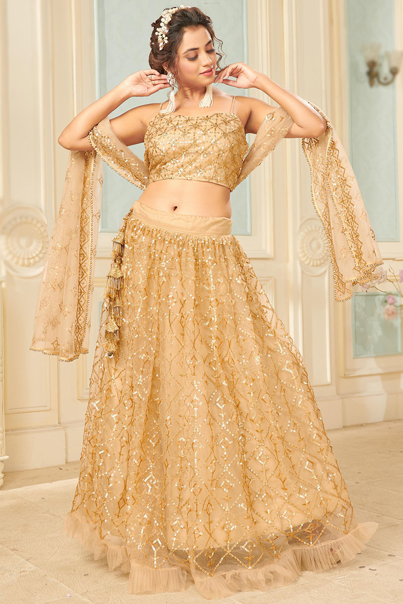 Peach Lehenga with gold sequin work – Ricco India