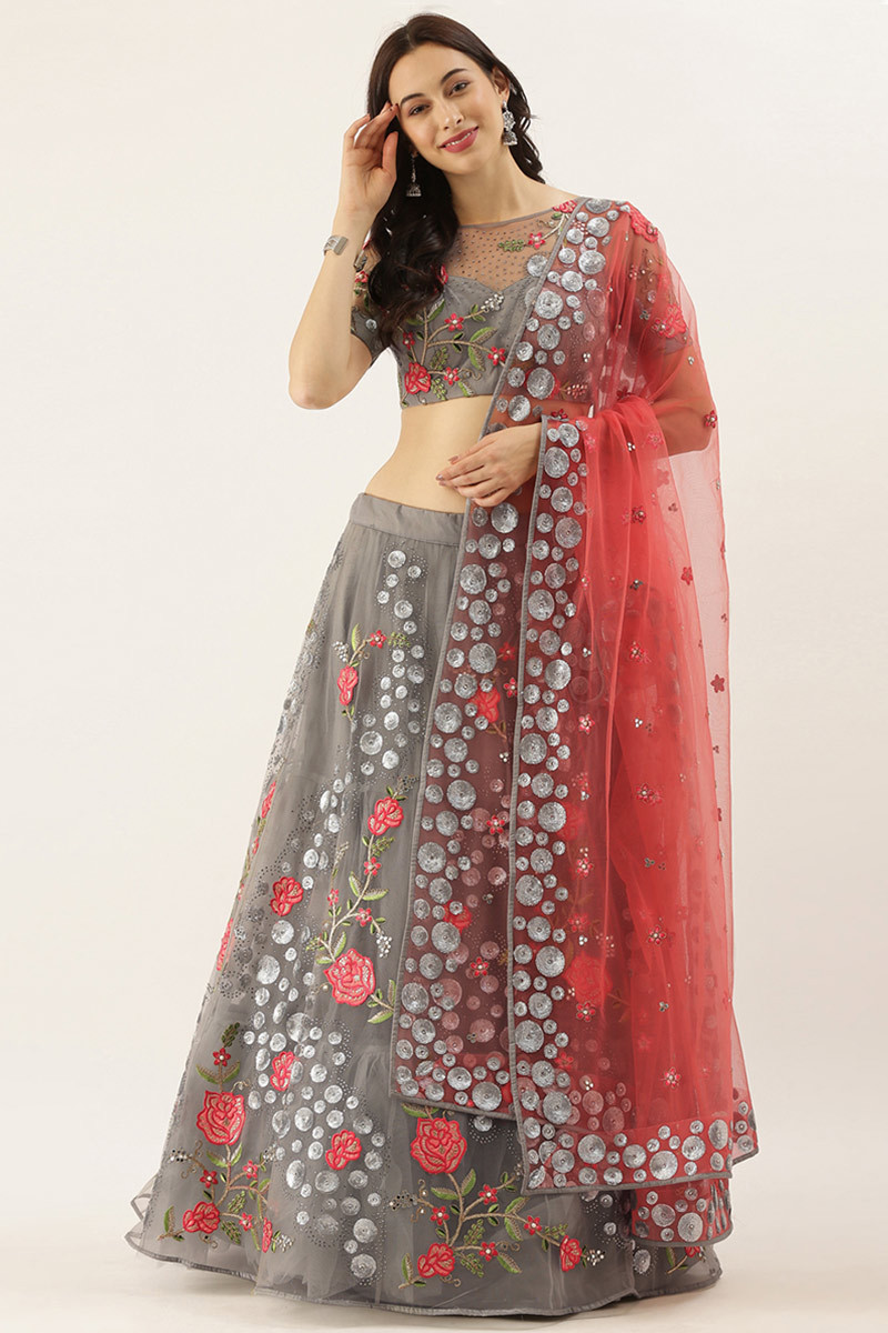Grey and Red Unstitched Lehenga Set Fabric (3 Piece)