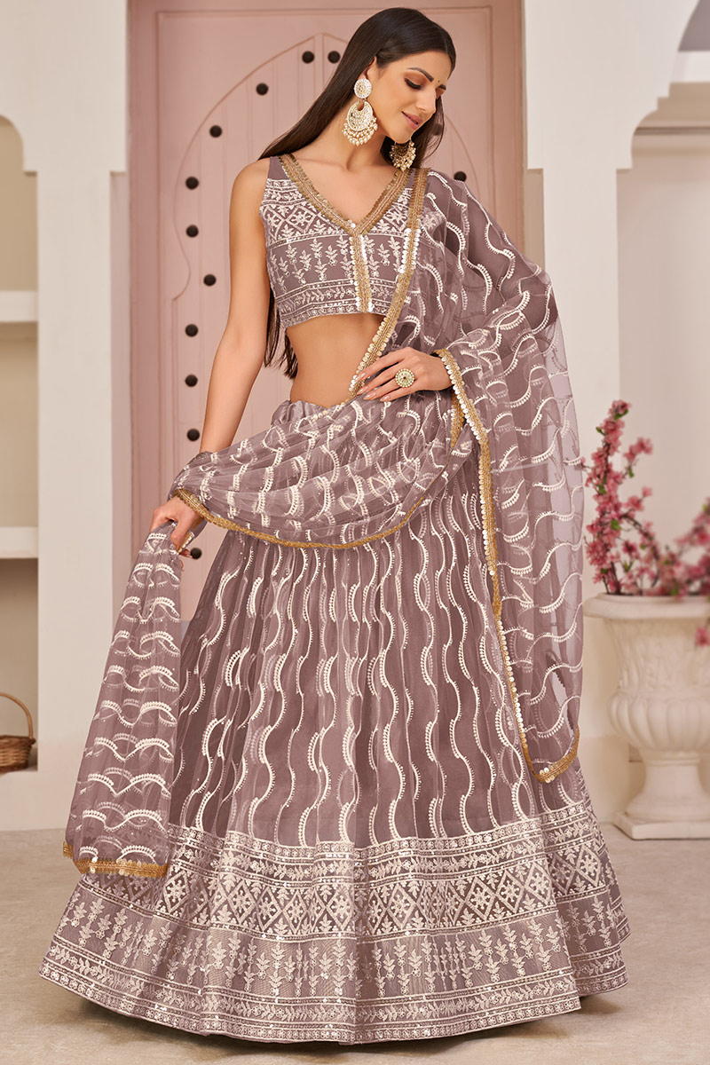 Sequins Embroidered Net Mauve Taupe Mauve Lehenga