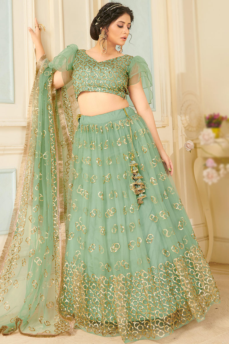 Net Mint Green Sequins Embroidered Party Wear Lehenga