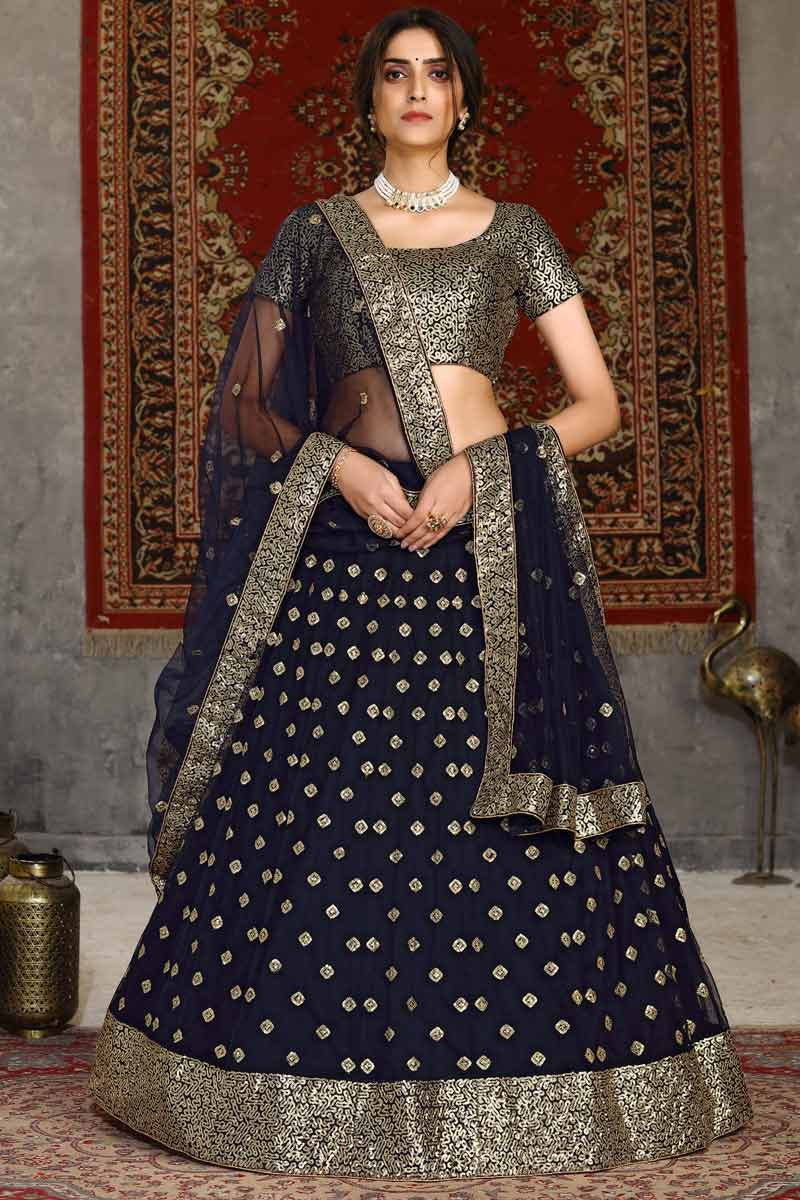 Sequins Embroidered Net Navy Blue Lehenga