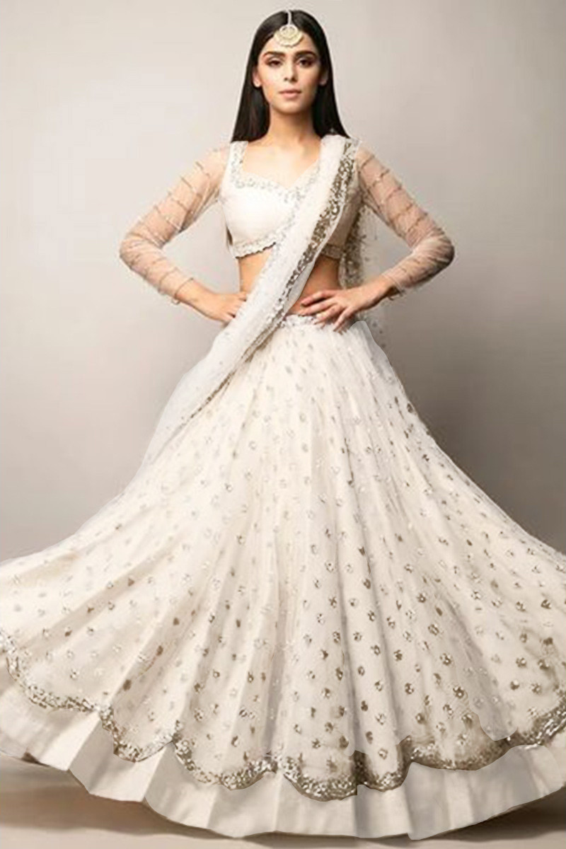 Designer Look White Color Georgette Base With Sequins Work Party Wear  Lehenga Choli