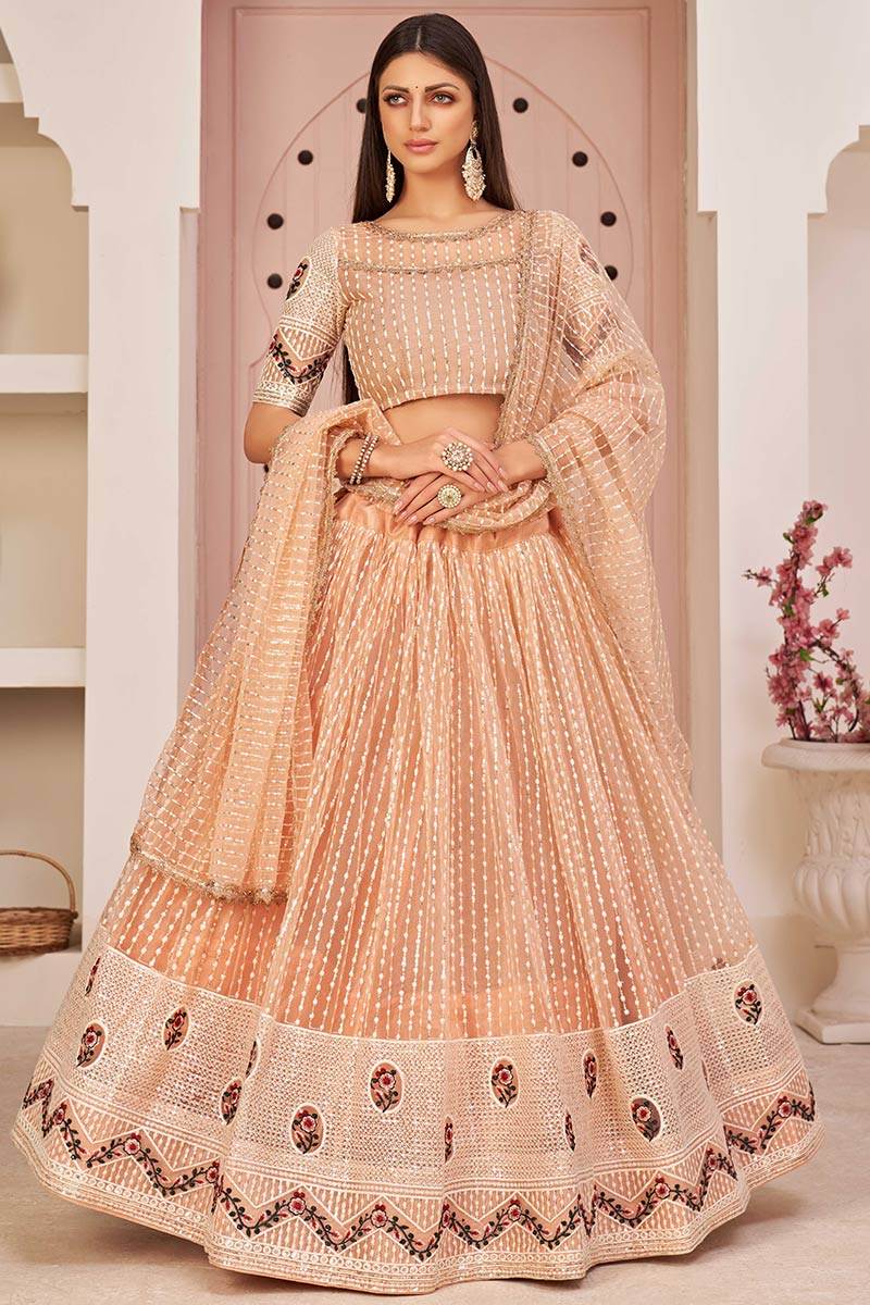 Sequins Embroidered Net Peach Lehenga