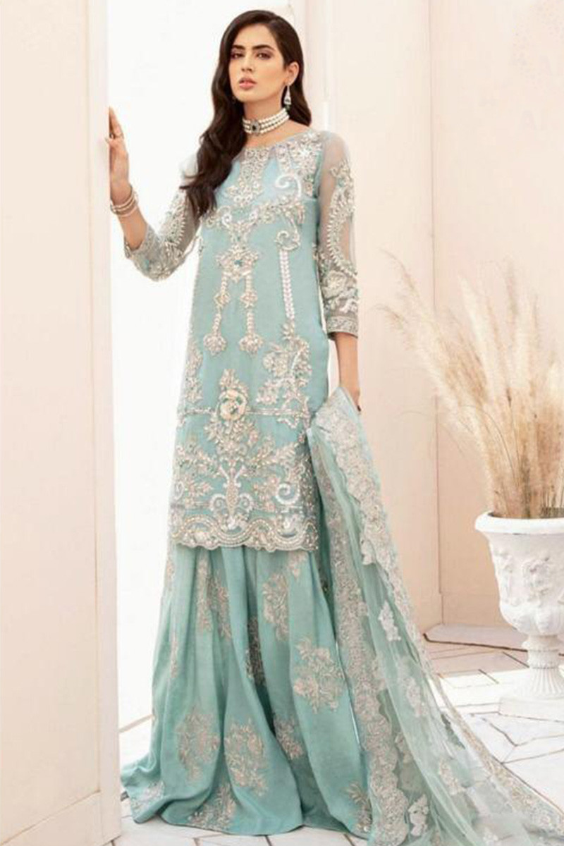 Powder Blue Embroidered Georgette Sharara Suit