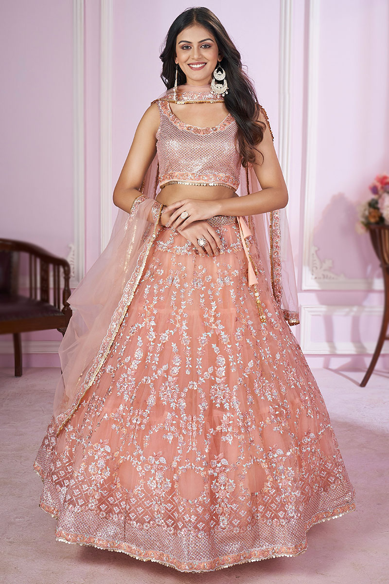Sequins Embroidered Net Salmon Peach Panelled Lehenga