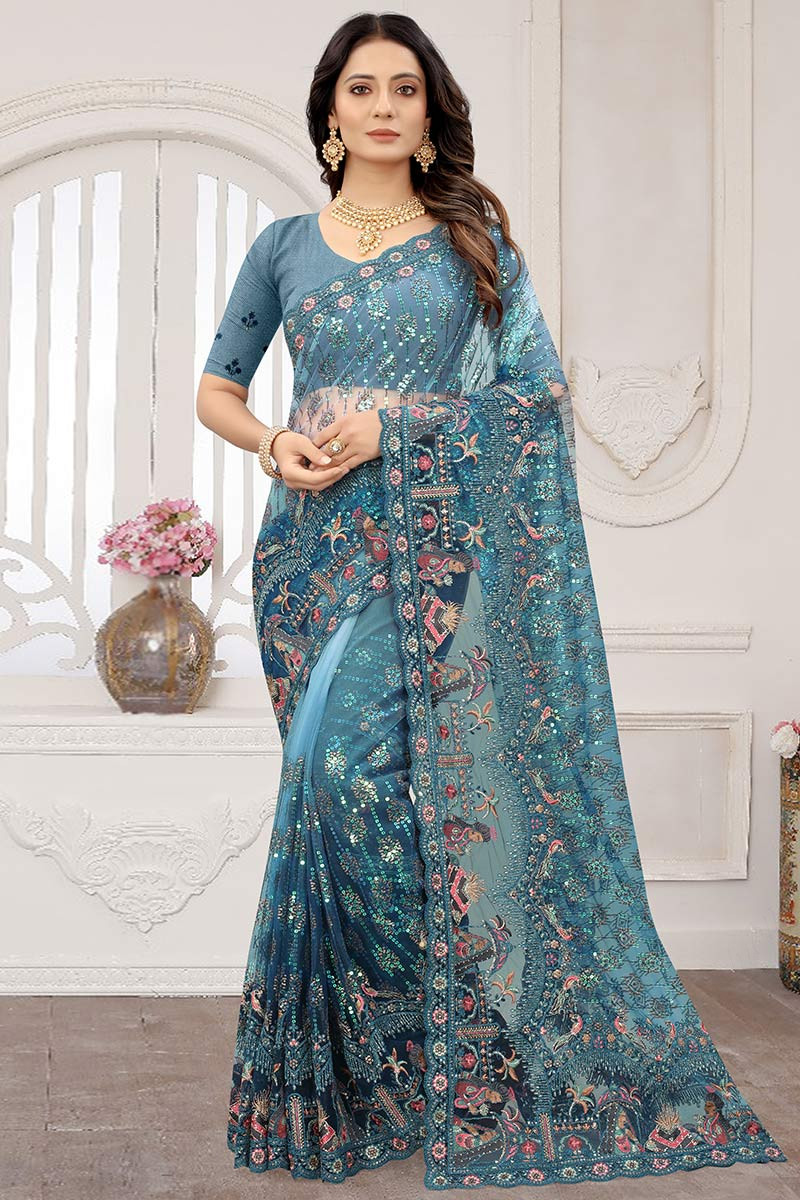 Sea Blue Patola Silk Printed Saree With Blouse Piece GG000004 -  www.gograbo.com