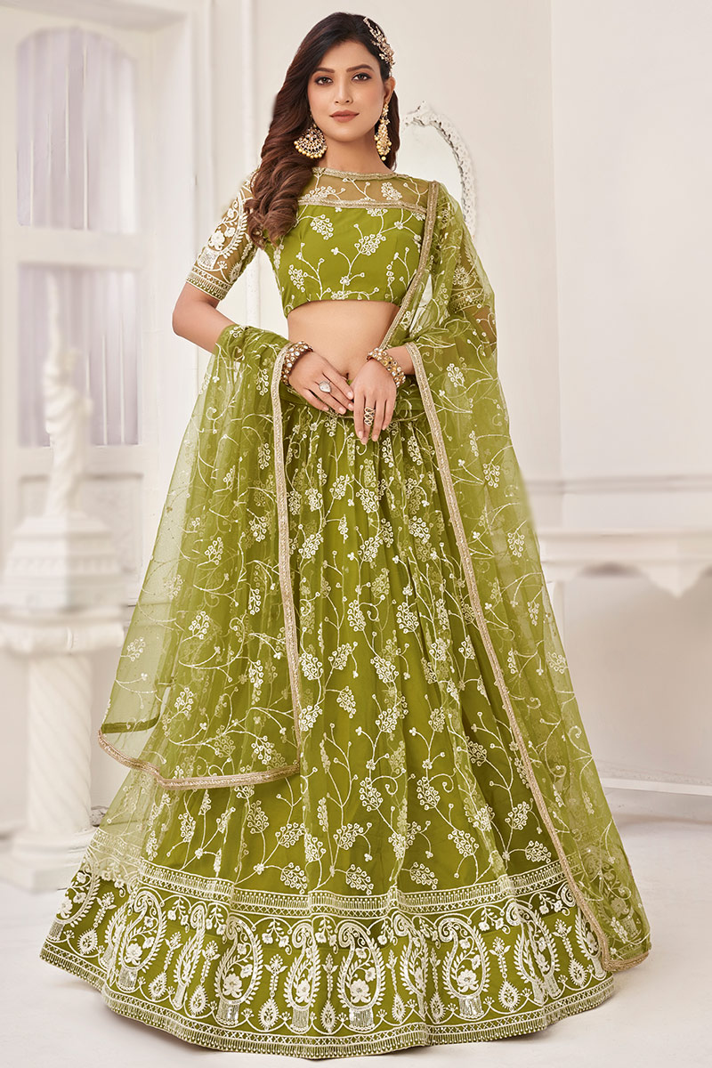 Sequins Embroidered Olive Green Flared Net Lehenga 