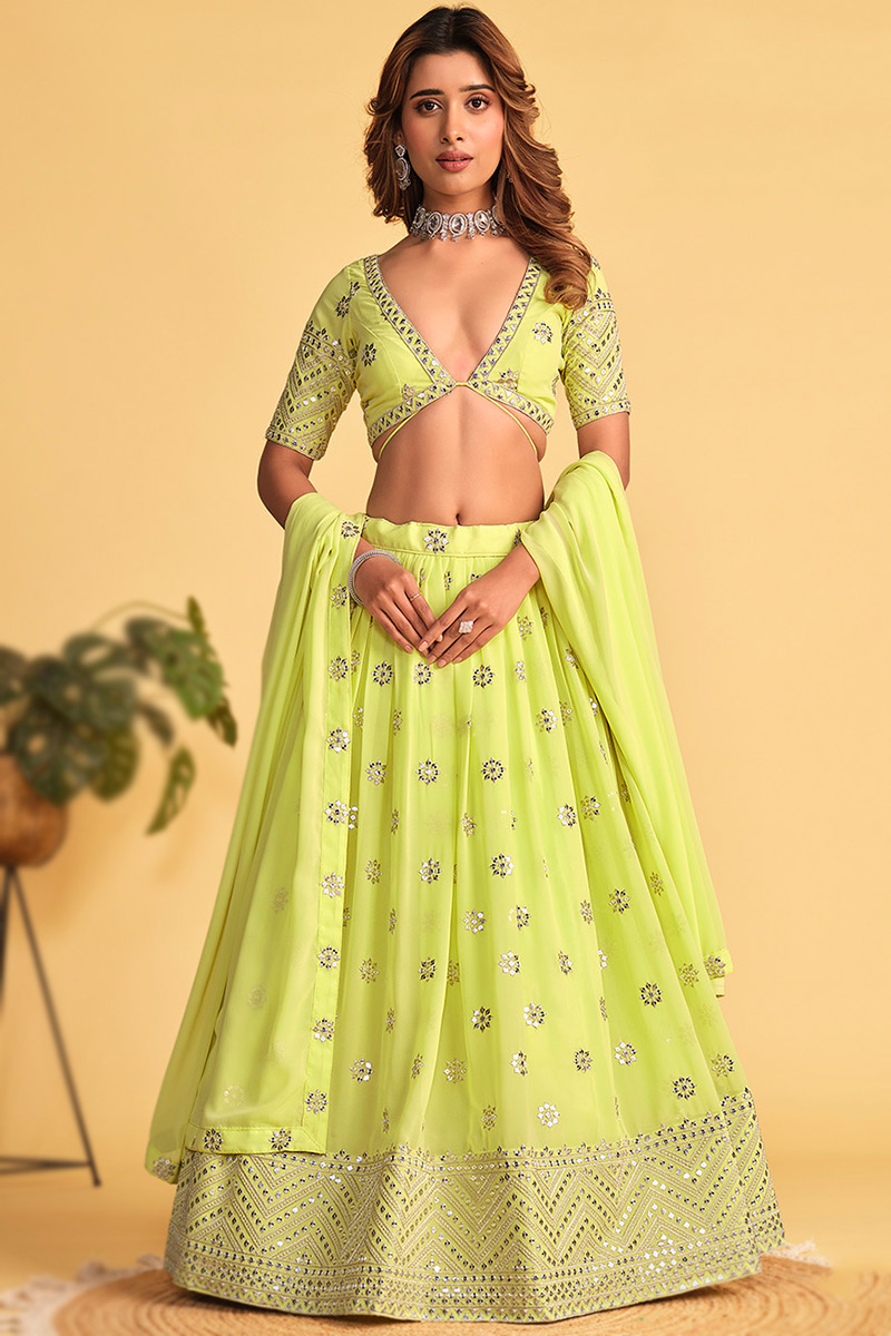 Sequins Embroidered Pear Green Flared Style Georgette Lehenga