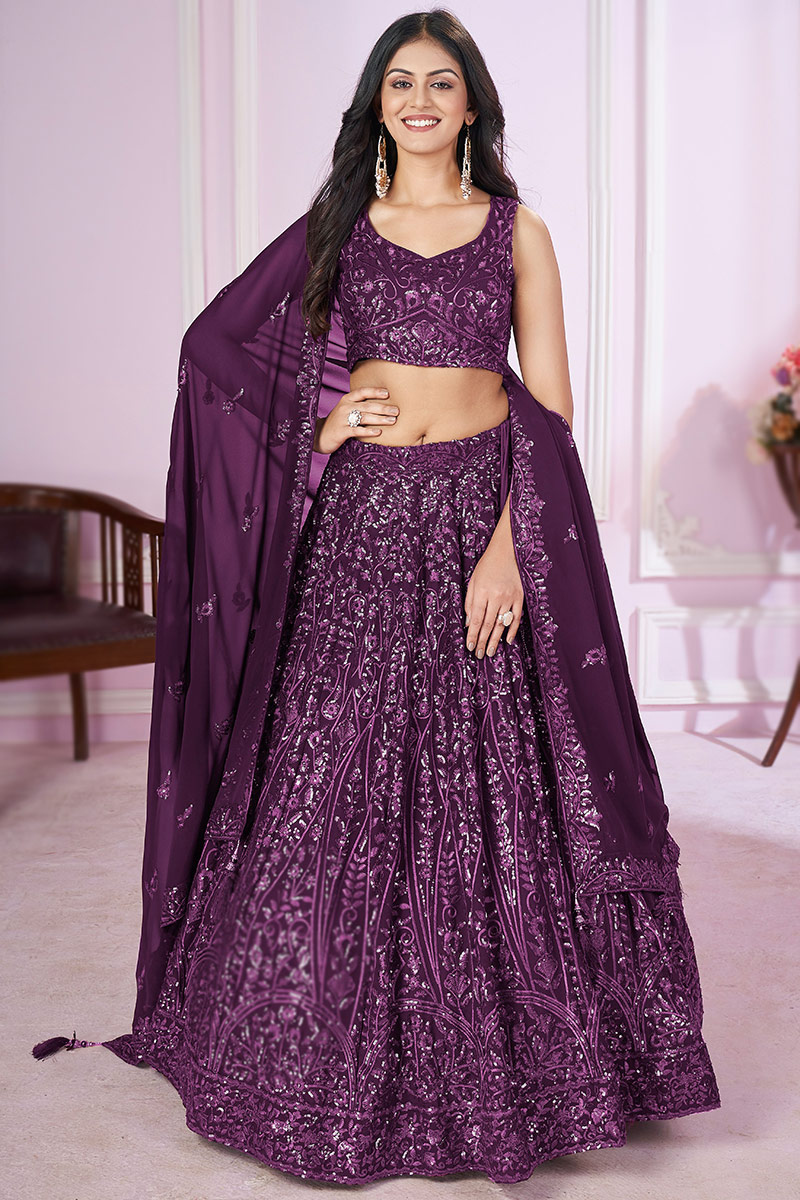 Sequins Embroidered Plum Purple Georgette Panelled Lehenga