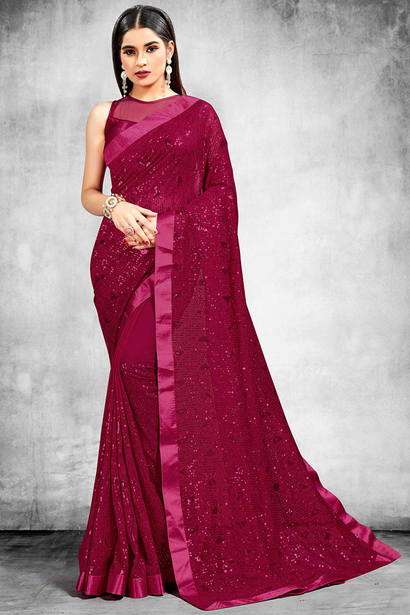 Buy Magenta Poly Georgette Blouse with prestiched frill gown Online -  KARMAPLACE — Karmaplace