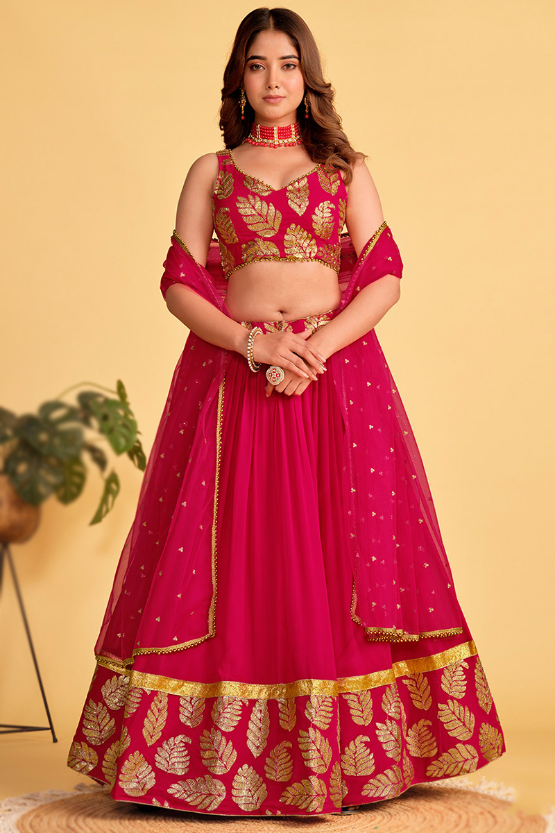 Sequins Embroidered Ruby Pink Flared Style Georgette Lehenga