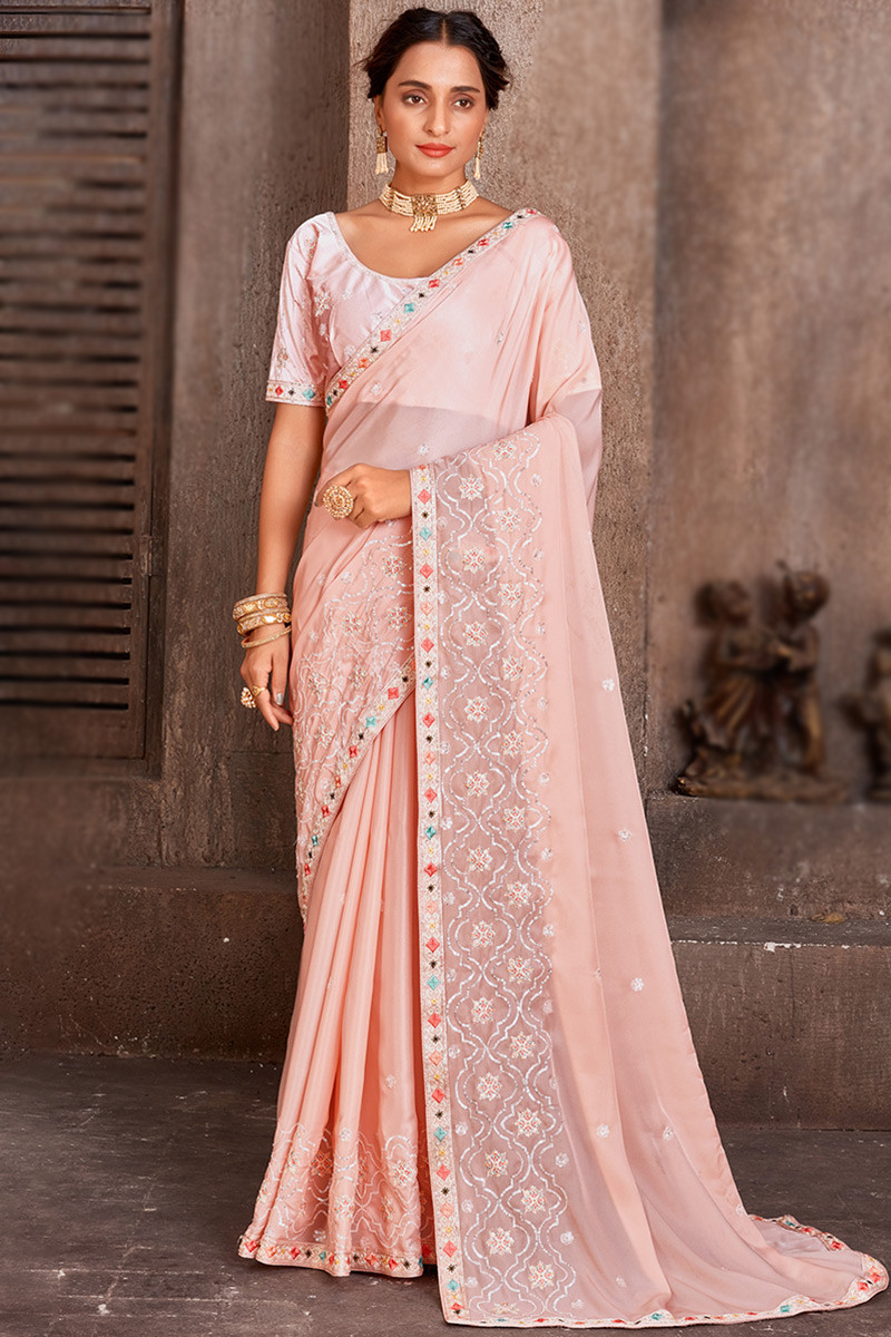 Hand Embroidered Blouse Satin Georgette Saree in Peach : SECA42