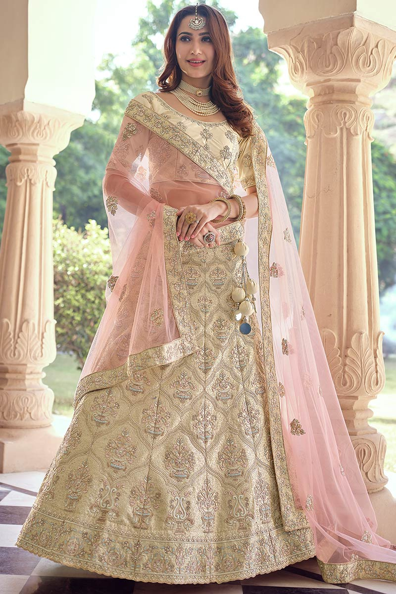 Sequins Embroidered Silk Cream Beige Lehenga