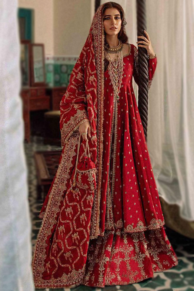 Red Pakistani Bridal Dress with Dupatta - Shafalie's Fashions