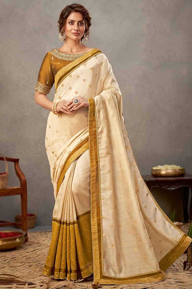Hot Selling Sequins Embroidered Tussar Silk Off White Saree SARV119230