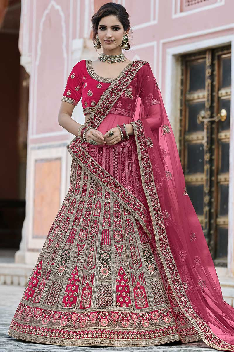 Sequins Embroidered Velvet Rani Pink Lehenga